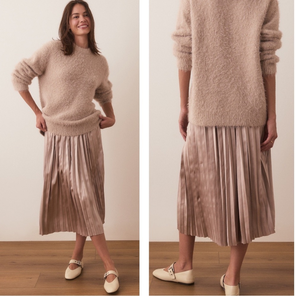 Marine Layer Chelsea Pleated Midi Skirt In Champagne Color Elastic Waist SZ M
